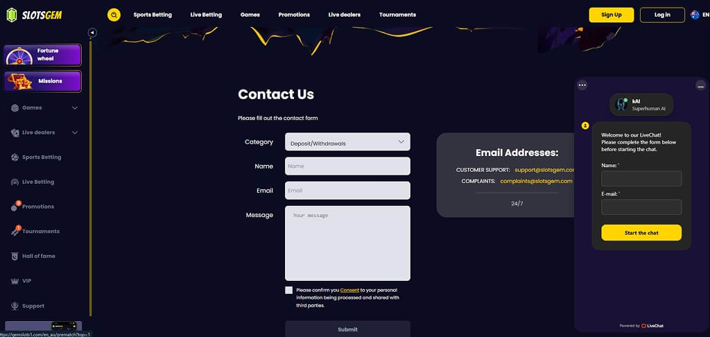 SlotsGem Casino Conact Us